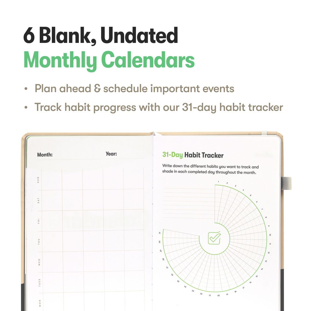 Undated monthly calendar and habit tracker
